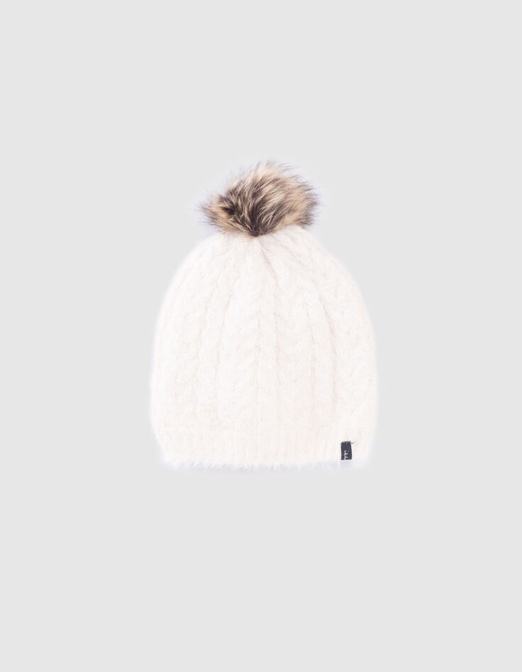 Bonnet écru tricot lurex fourré à torsades bébé fille-1 Bonnet écru tricot lurex fourré à torsades bébé fille-1