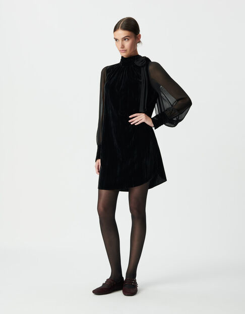 Robe bi-matière noire velours froissé et voile Femme - IKKS