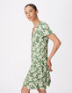 Robe courte vert satin&eacute; imprim&eacute; feuilles Femme-5