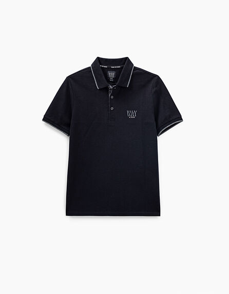 Boys’ black polo shirt with lettering graphic on back