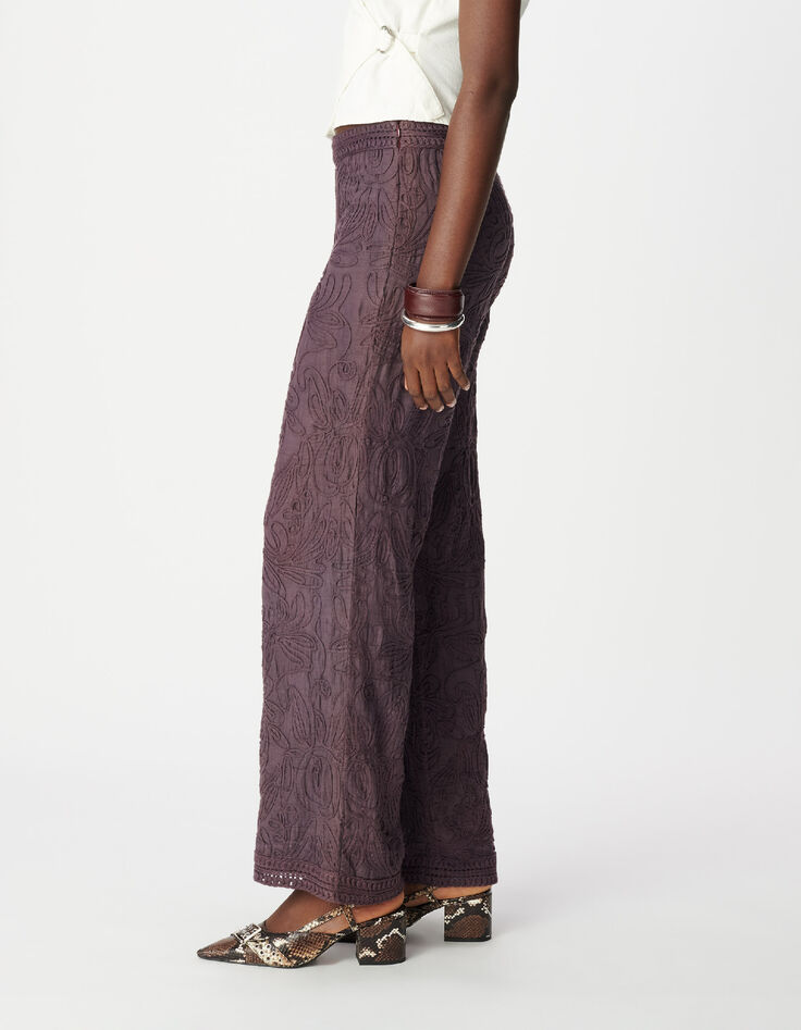 Pantalon large bordeaux motifs brod&eacute;s crochet Femme-5