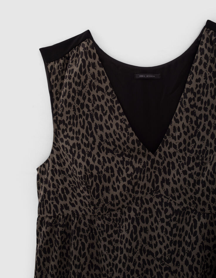 Women’s khaki and black animal print crepe long dress-2