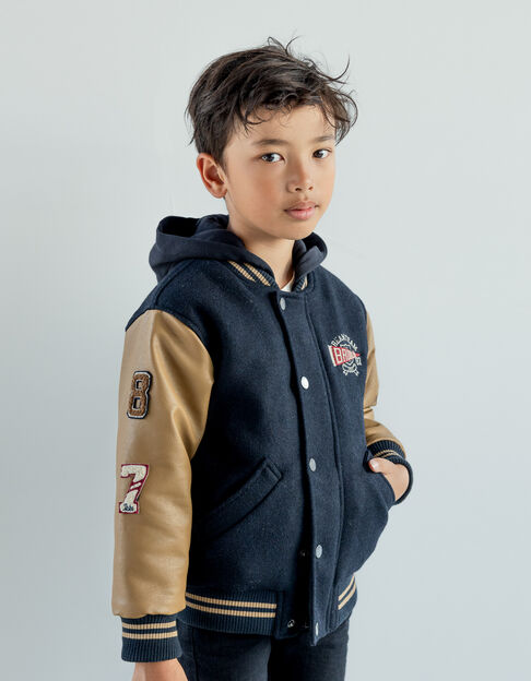 Boys’ navy embroidered mixed fabric hooded baseball jacket