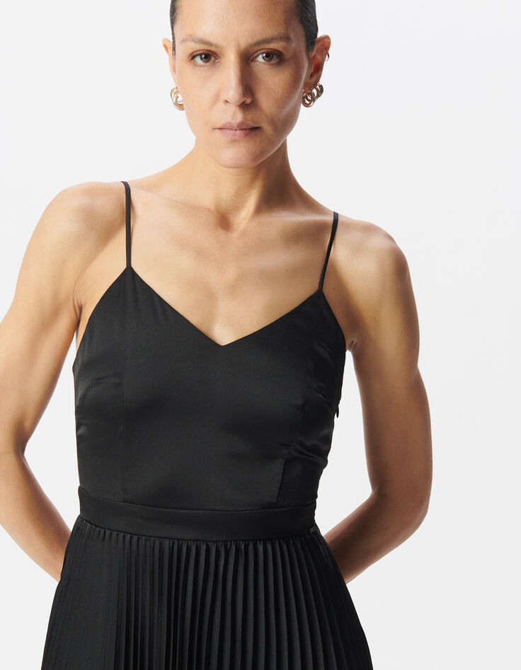 Women's pleated black maxi dress with thin straps-4