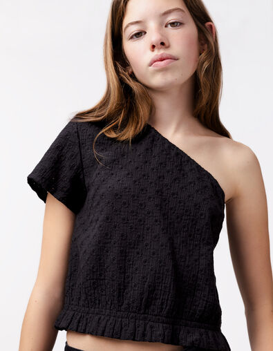 Top noir asymétrique broderie anglaise fille - IKKS