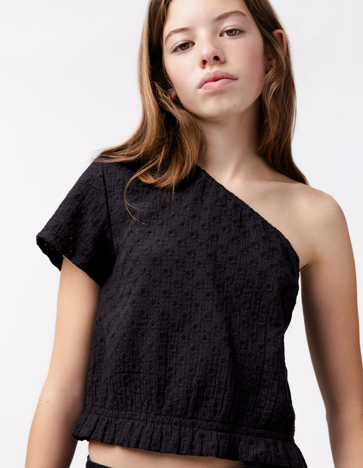 Top noir asymétrique broderie anglaise fille-1