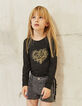 Tee-shirt noir brodé cœur et dos résille fille-1