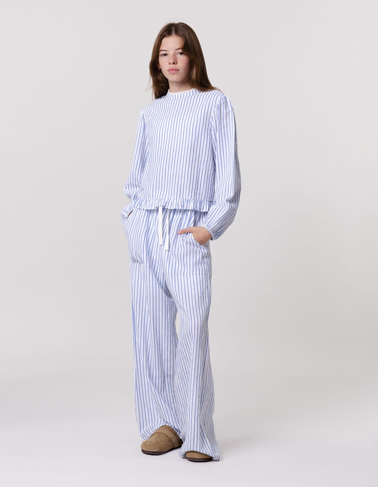 Pantalon LARGE blanc rayures bleues fille-2