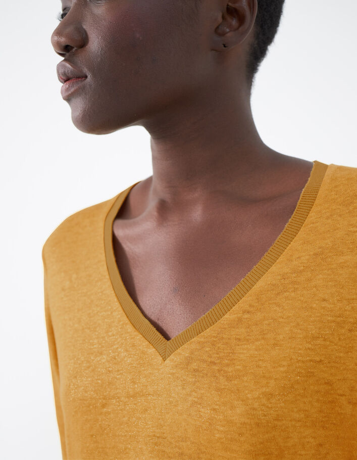 Women’s saffron foil linen 3/4 sleeve V-neck T-shirt - IKKS