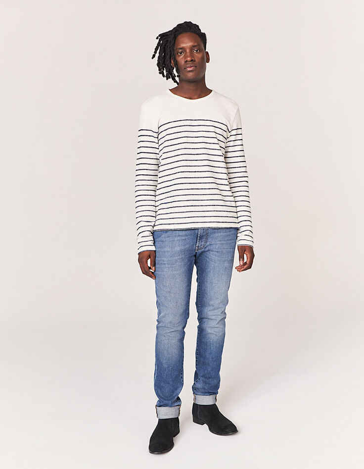 Off White Herrenmatrosenshirt mit blauen Streifen-7