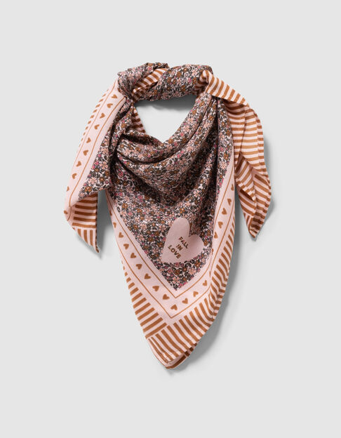 Girls’ pink square scarf, autumn flower print - IKKS