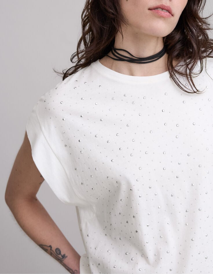 Weißes Damen-T-Shirt mit facettierten Nieten-4