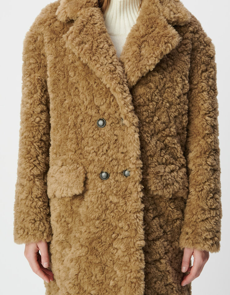 Manteau beige &agrave; poils longs Femme-5