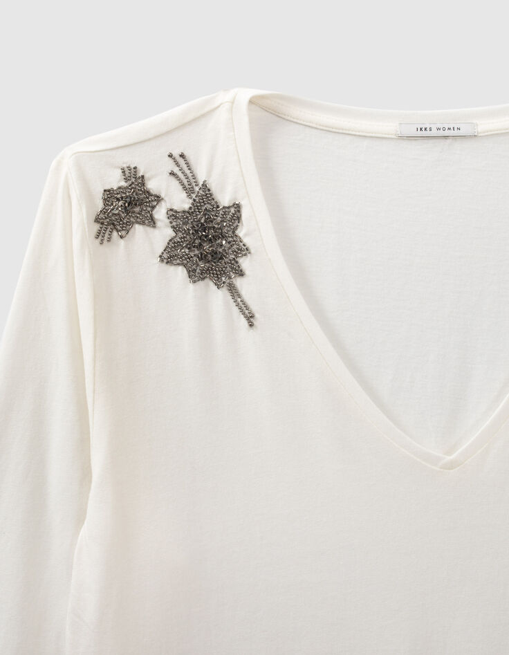Women’s ecru cotton T-shirt, star-embroidered shoulders-2 Women’s ecru cotton T-shirt, star-embroidered shoulders-2