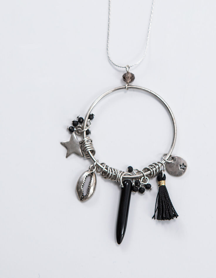 Collier sautoir argenté anneau et pampilles femme-5
