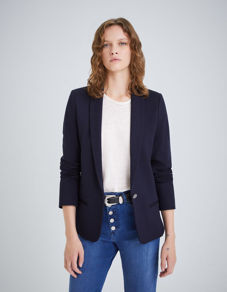 Veste de costume marine maille à rayures tennis Femme-1