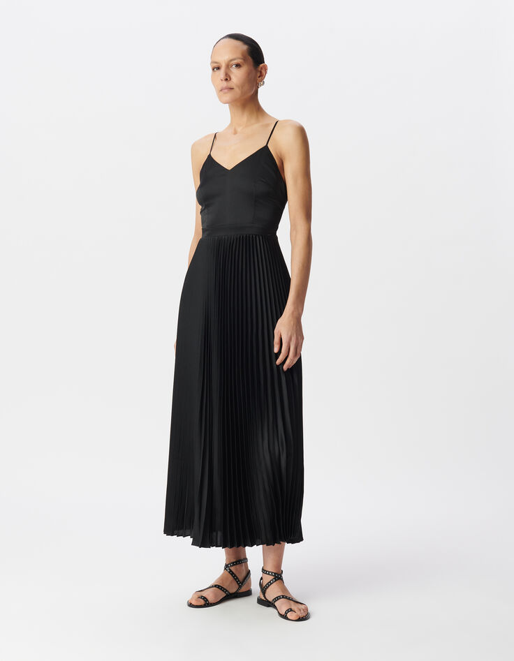 Women's pleated black maxi dress with thin straps-2