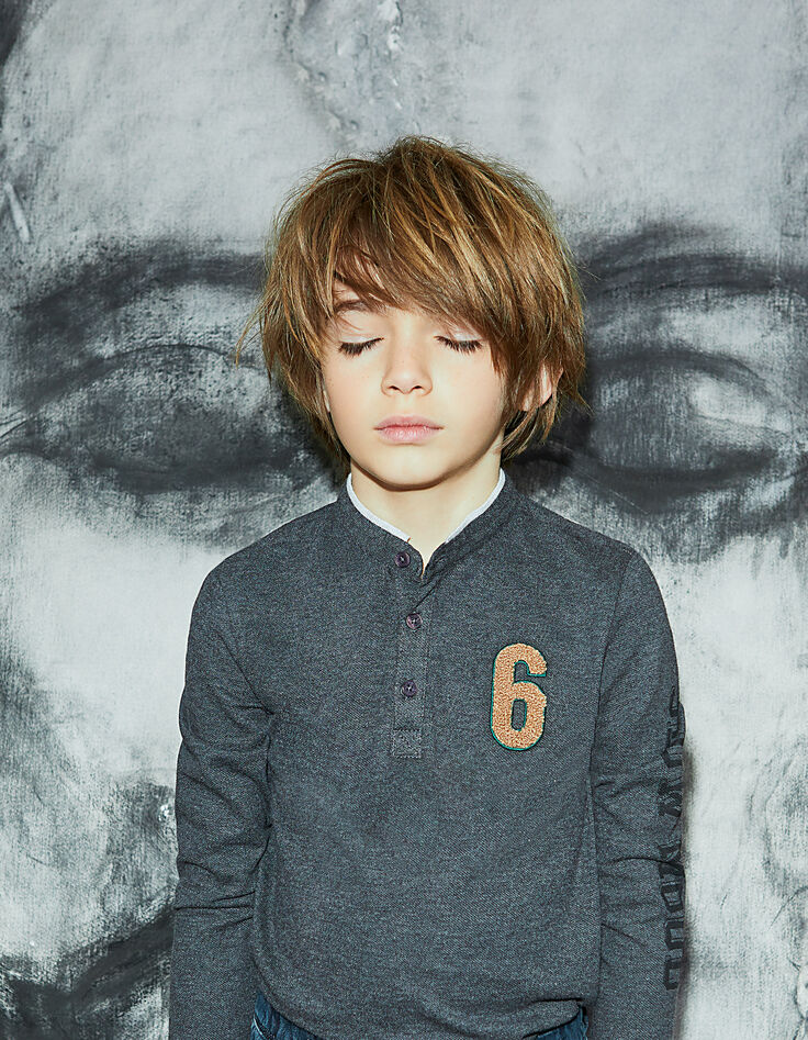 Polo gris chin&eacute; anthracite &agrave; dos matelass&eacute; gar&ccedil;on -2