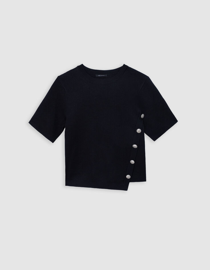 Asymmetrischer Damen-Kurzarmpullover aus Strick mit Knopfleiste, schwarz-5