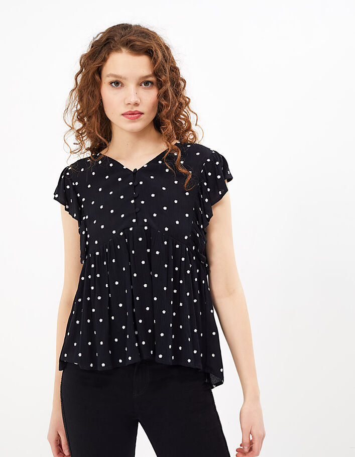 Top Noir à Broderies Florales | Col Polo & Découpes | Élégance Romantique