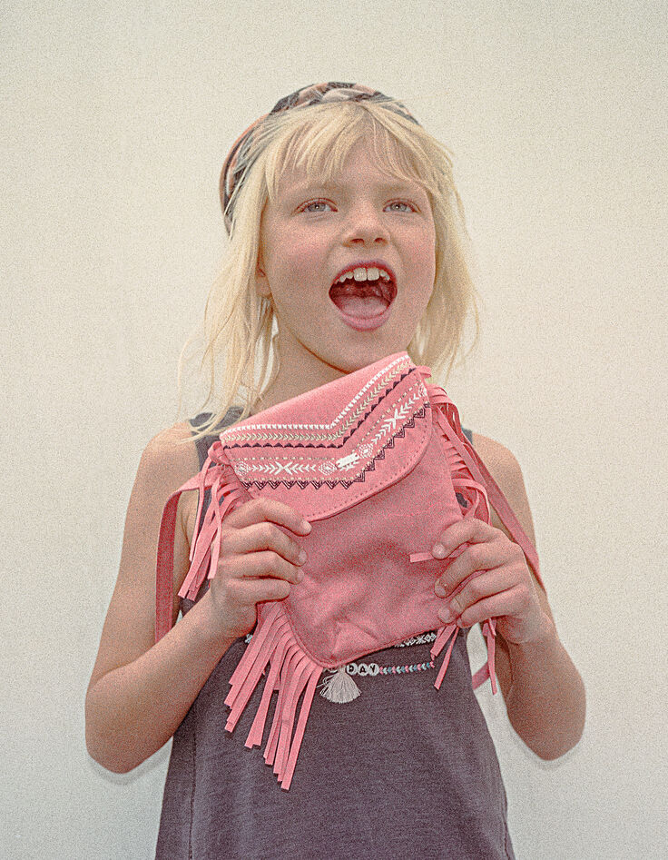 Sac à main corail foncé brodé à franges fille-2