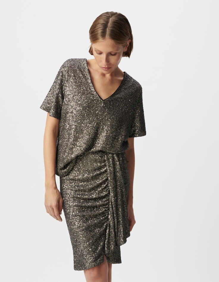 Top gris manche courte brodé sequins métallisés Femme-4