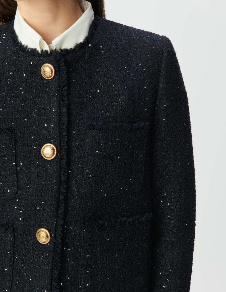 Chaqueta corta azul marino tweed lentejuelas mujer-8