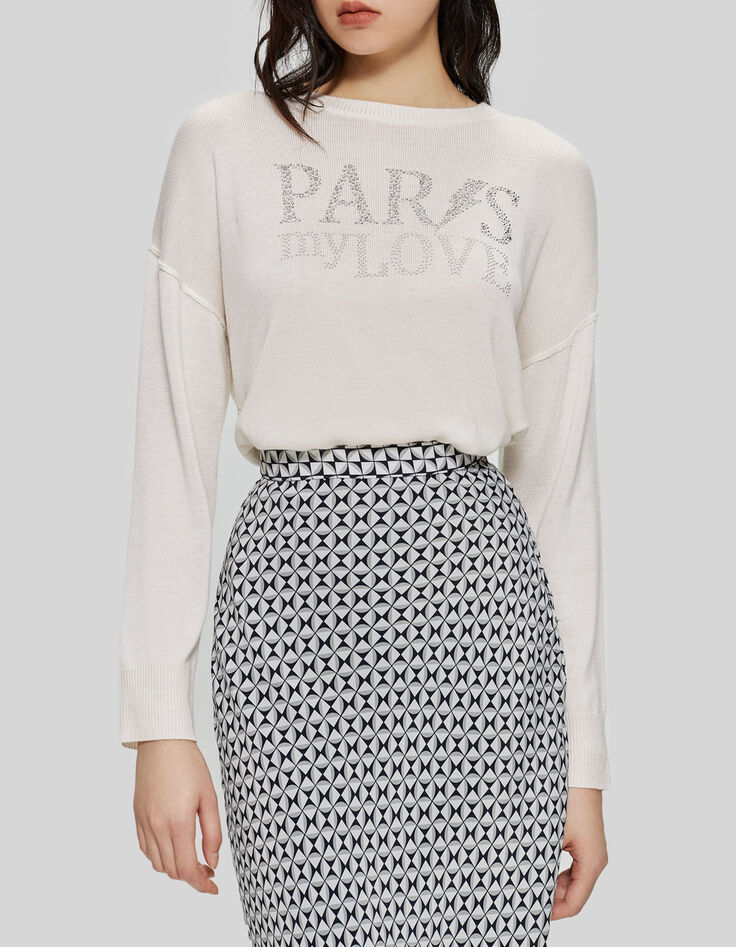 Pull blanc cass&eacute; tricot message strass Femme-1
