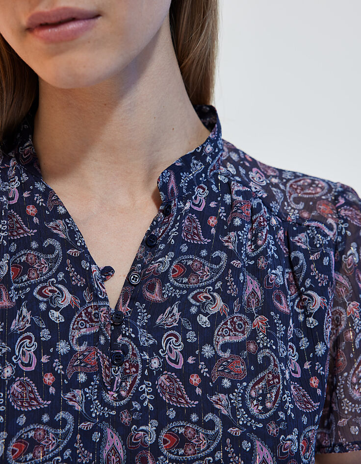 Kurz&auml;rmeliges Damenvoiletop mit Metallic-Paisley-Print-4