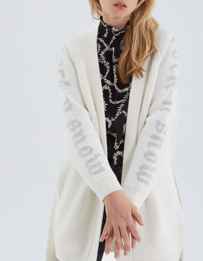 Women’s ecru knit belted cardigan with slogans on sleeves - IKKS