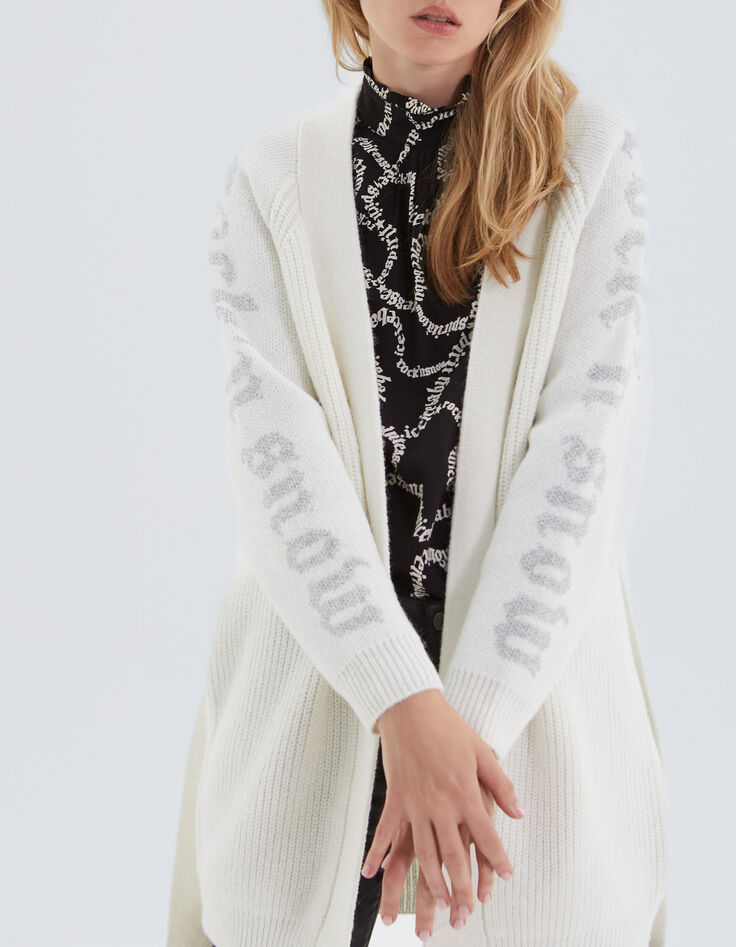 Women’s ecru knit belted cardigan with slogans on sleeves-1