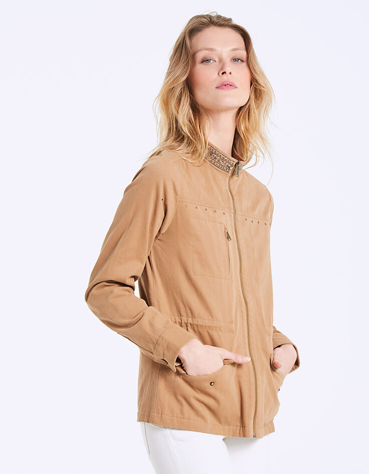 Parka saharienne col officier broderies bijoux femme-2