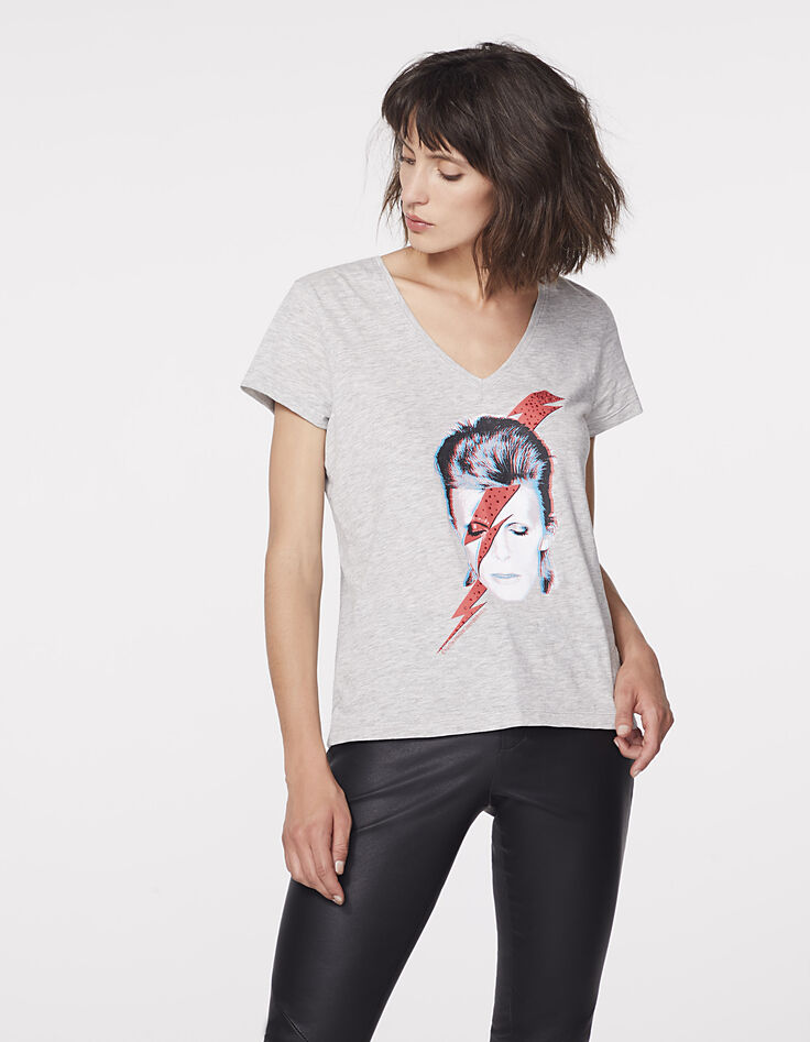 T-shirt katoen-modal opdruk Bowie Stardust, V-hals, dames-3