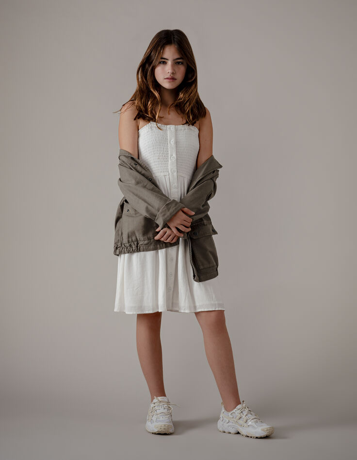 Robe fines bretelles beige à smocks fille-2