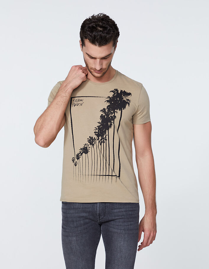 Camiseta beige con palmeras-rayas Hombre - IKKS