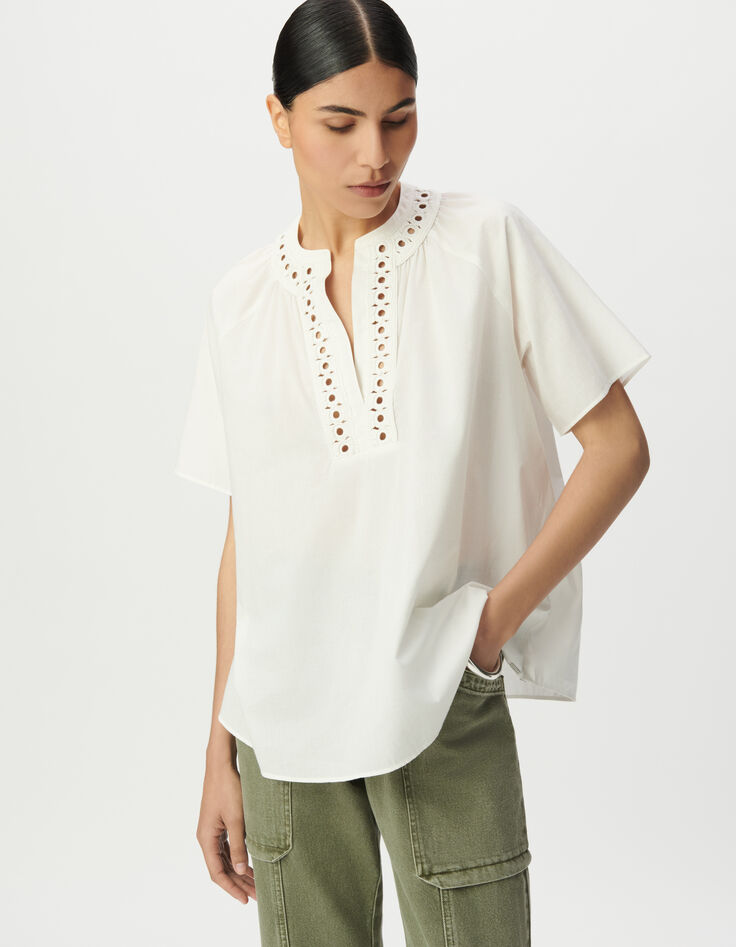 Women's loose-fitting blouse in ecru organic cotton with embroidered neckline-2 Women's loose-fitting blouse in ecru organic cotton with embroidered neckline-2