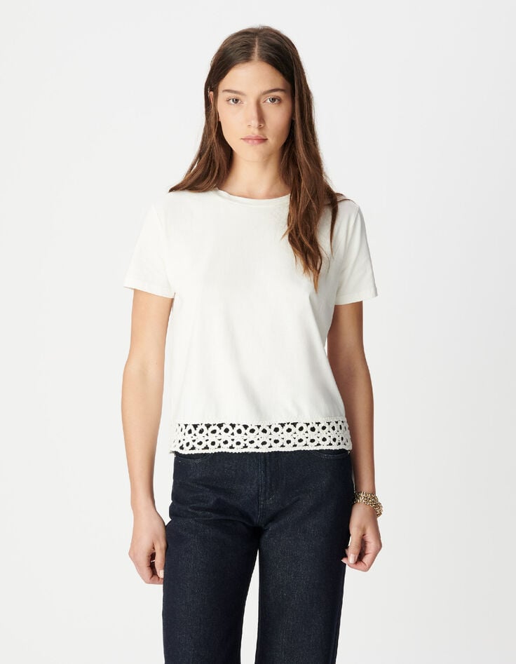Tee-shirt col rond blanc d&eacute;tail crochet et sequins Femme-2