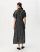 Women’s navy polka dot print long dress with draped collar-3