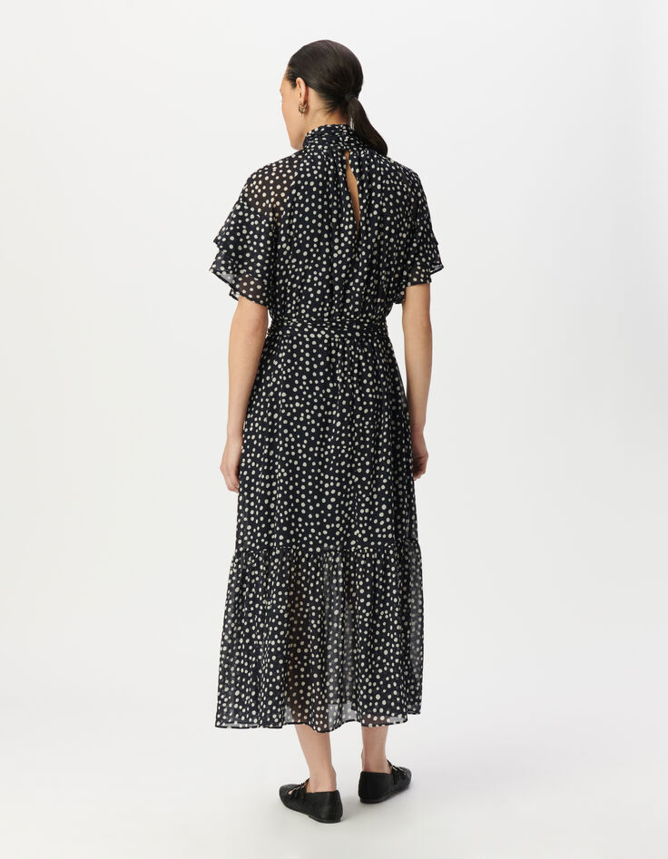 Women’s navy polka dot print long dress with draped collar-3