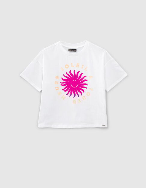 T-shirt blanc cass&eacute; visuel soleil rose fille - IKKS