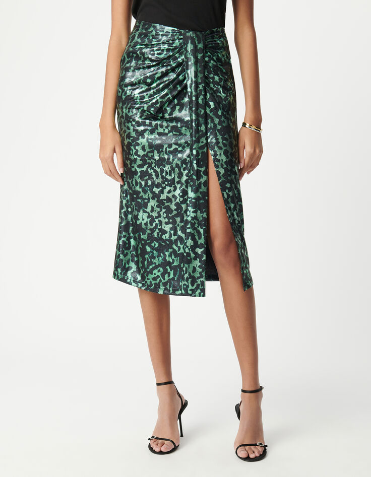 Jupe verte imprim&eacute; camouflage m&eacute;tallis&eacute; Femme-2