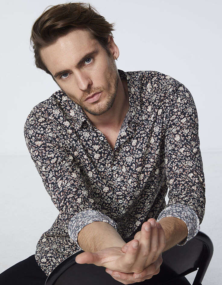 Chemise SLIM noire imprimé fleurs Homme-2