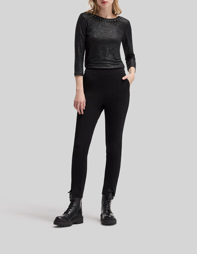 Camiseta negra de lino con tachuelas para mujer - IKKS