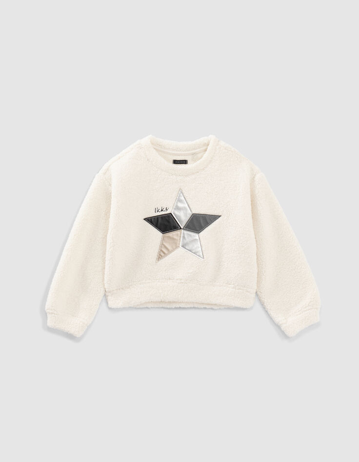 Sweat &eacute;cru esprit doudou &agrave; &eacute;toile patch&eacute;e fille-1