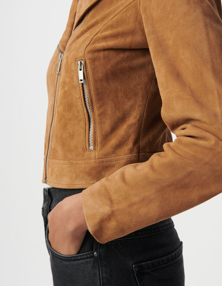 Veste camel cuir velours esprit motard Femme-4