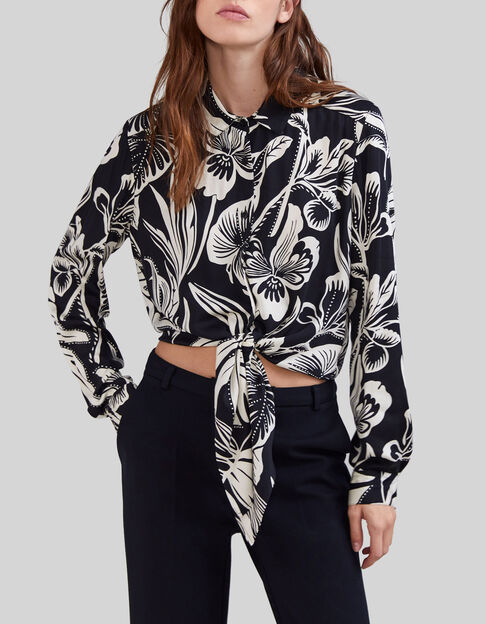 Schwarze Damenbluse mit tropischem Print - IKKS