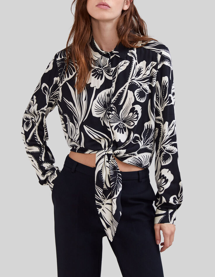 Camisa negra estampado tropical Mujer-1