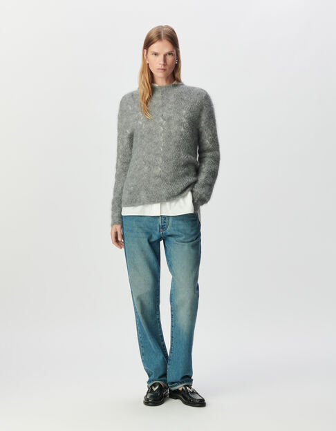 Grauer Damenstrickpulli Mohair-Mix, Zopfmuster - IKKS