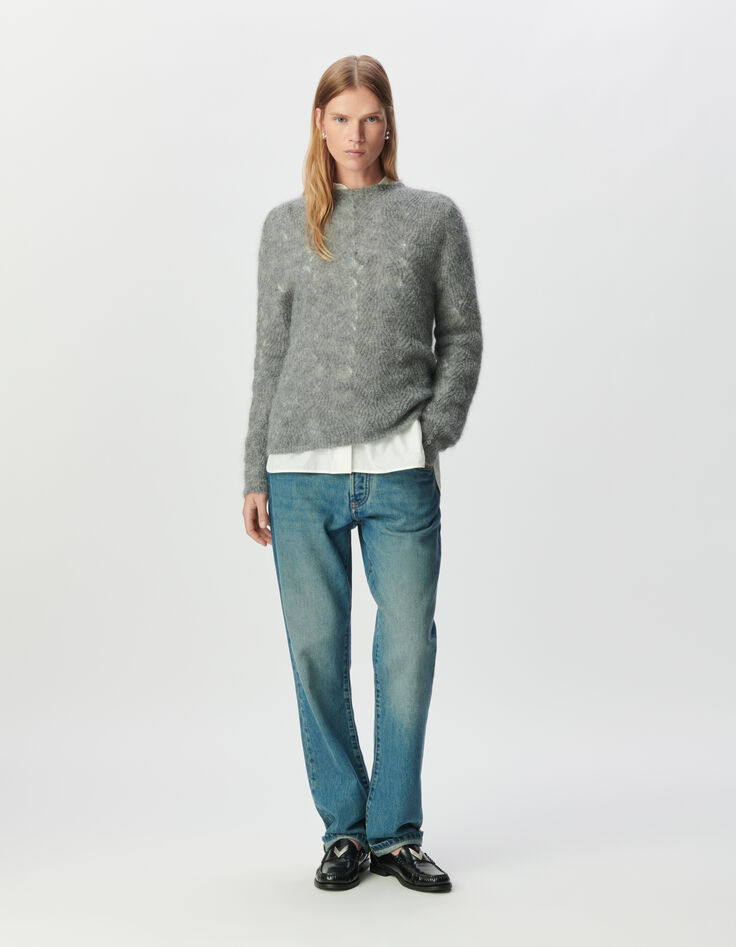 Grauer Damenstrickpulli Mohair-Mix, Zopfmuster-1