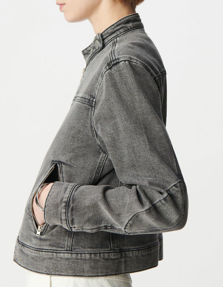 Graue Jeansjacke mit Rei&szlig;verschluss f&uuml;r Damen-5